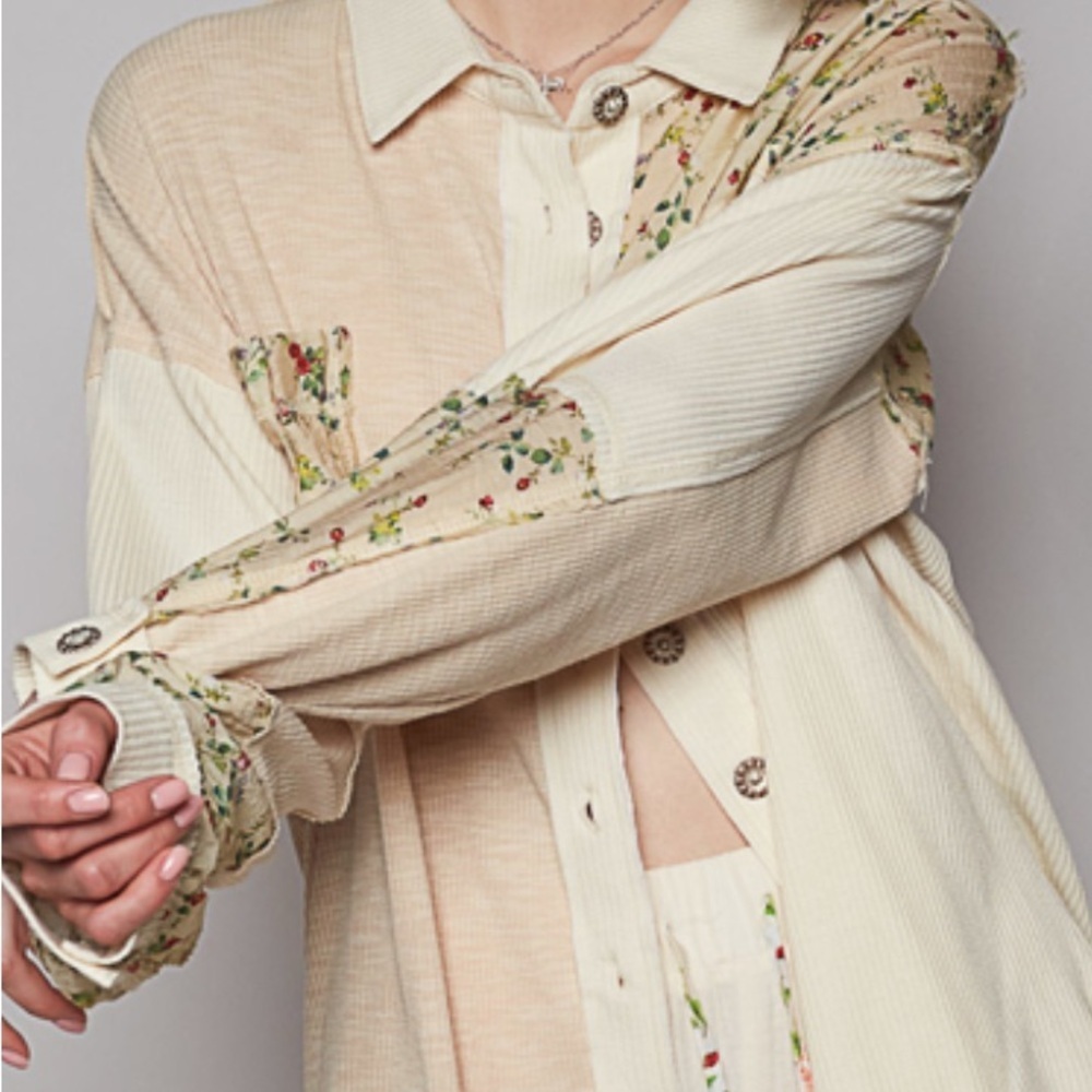 POL Floral & Waffle Knit Mixed Media Shacket ~ Perfect for Layering Year Round - Picture 9 of 16